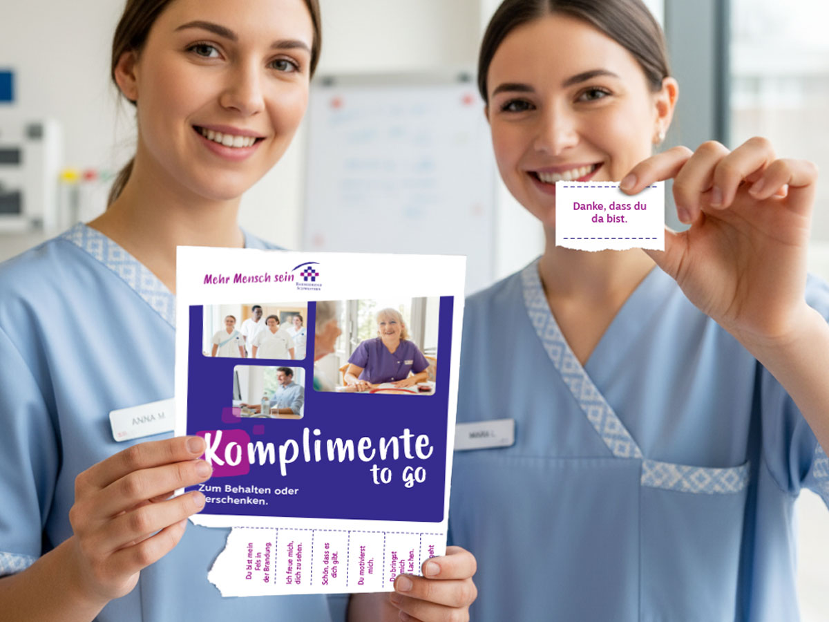 Arbeitsprobe Sticker und Flyer "Komplimente to go" für Barmherzige Schwestern – Referenz für Employer Branding Materialien von twentyfourtalents
