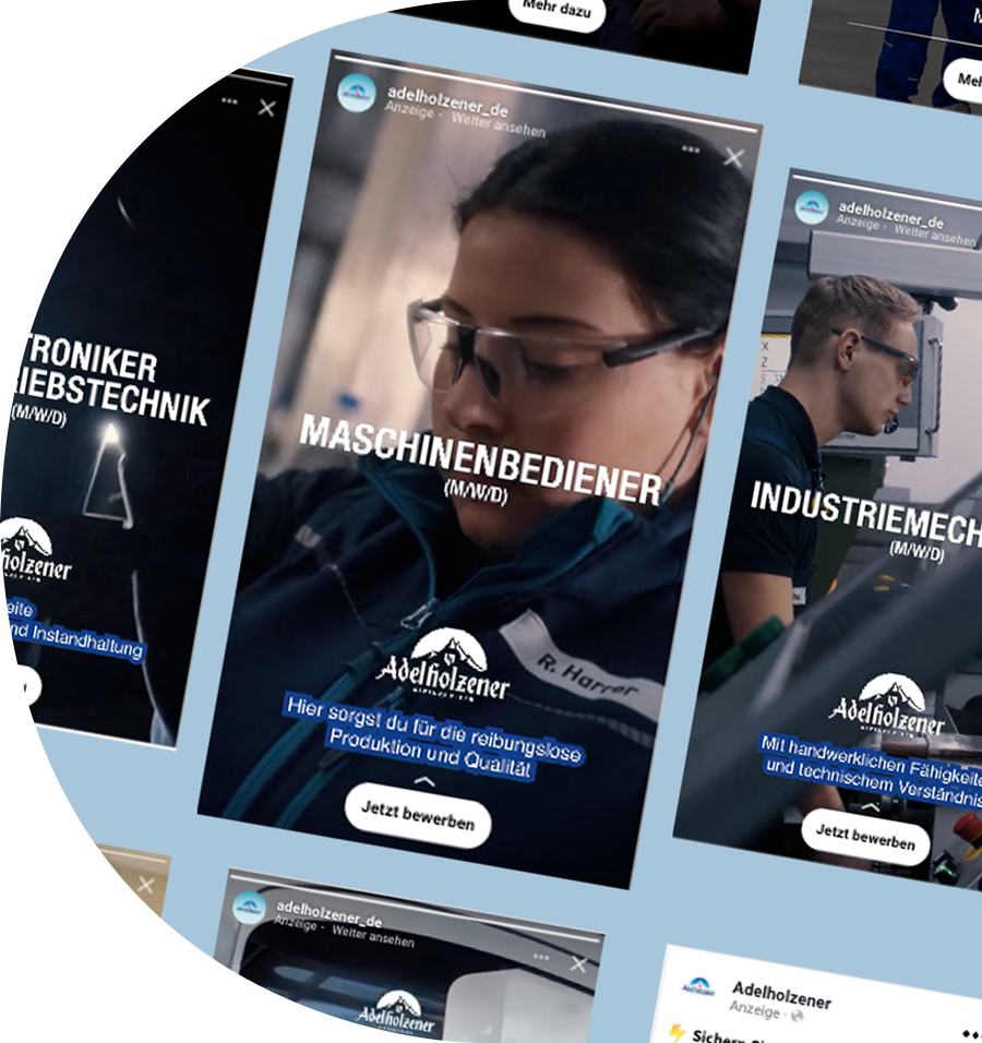 Adelholzener Image Videos Ausschnitte der Posts zur Darstellung im Layout der Seite Für gleich drei unterschiedliche Berufsgruppen bestand unsere Aufgabe darin, fortlaufend sowohl quantitativ ausreichend als auch qualitativ passende Bewerbungen zu sichern
