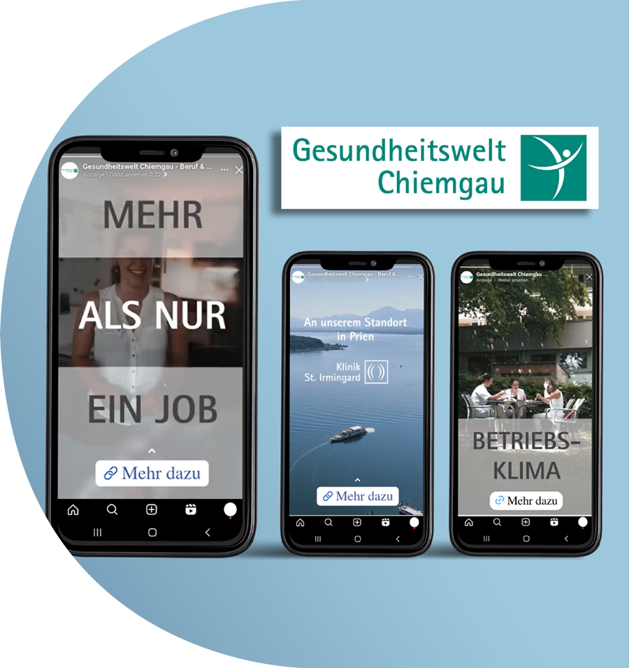 Referenz Social Media Video Kampagne für Gesundheitswelt Chiemgau auf Smartphone Screens – Recruiting Ads und Employer Branding von twentyfourtalents mobile Ansicht mit Logo