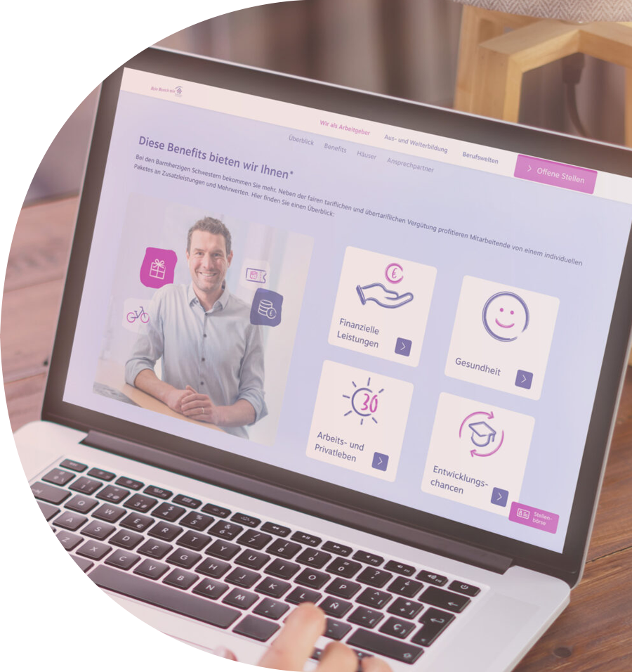 Tablet-Ansicht der neuen Karriereseite "Mehr Mensch sein" für Barmherzige Schwestern mit Stellenangeboten und Suchfunktion – Employer Branding von twentyfourtalents